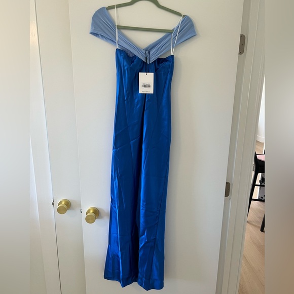 LUXE AND LIKES OFF SHOULDER SATIN MAXI DRESS BLUE - Picture 7 of 7